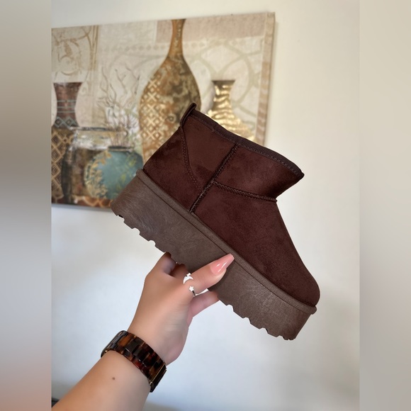 NWT!! WOMENS CHOCOLATE BROWN FUR LINED MINI PLATFORM WARM BOOTS - Picture 3 of 8